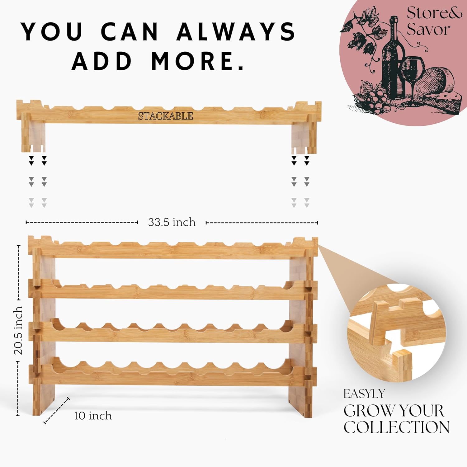 36 Bottle Wine Rack Stackable Modular Bamboo Wine Rack