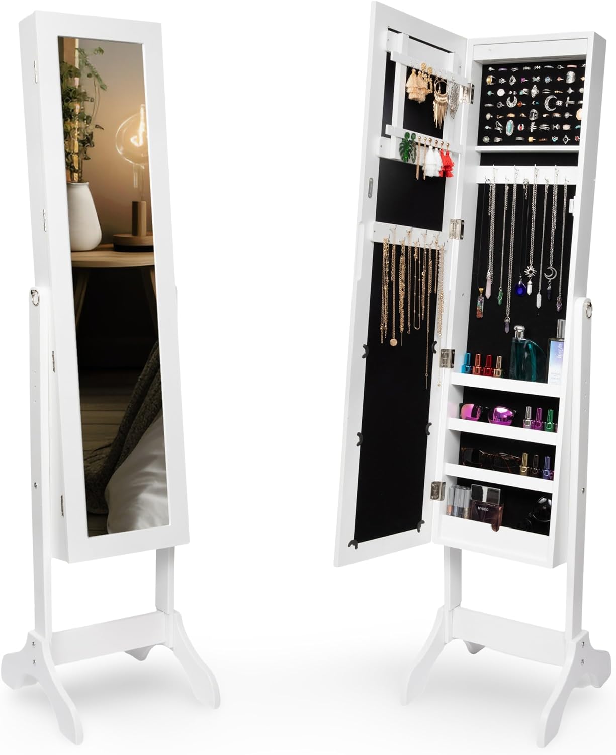 LED Light Jewelry Cabinet Armoire with Mirror - 57" Tall Free-Standing Jewelry Organizer with 3 Adjustable Angles