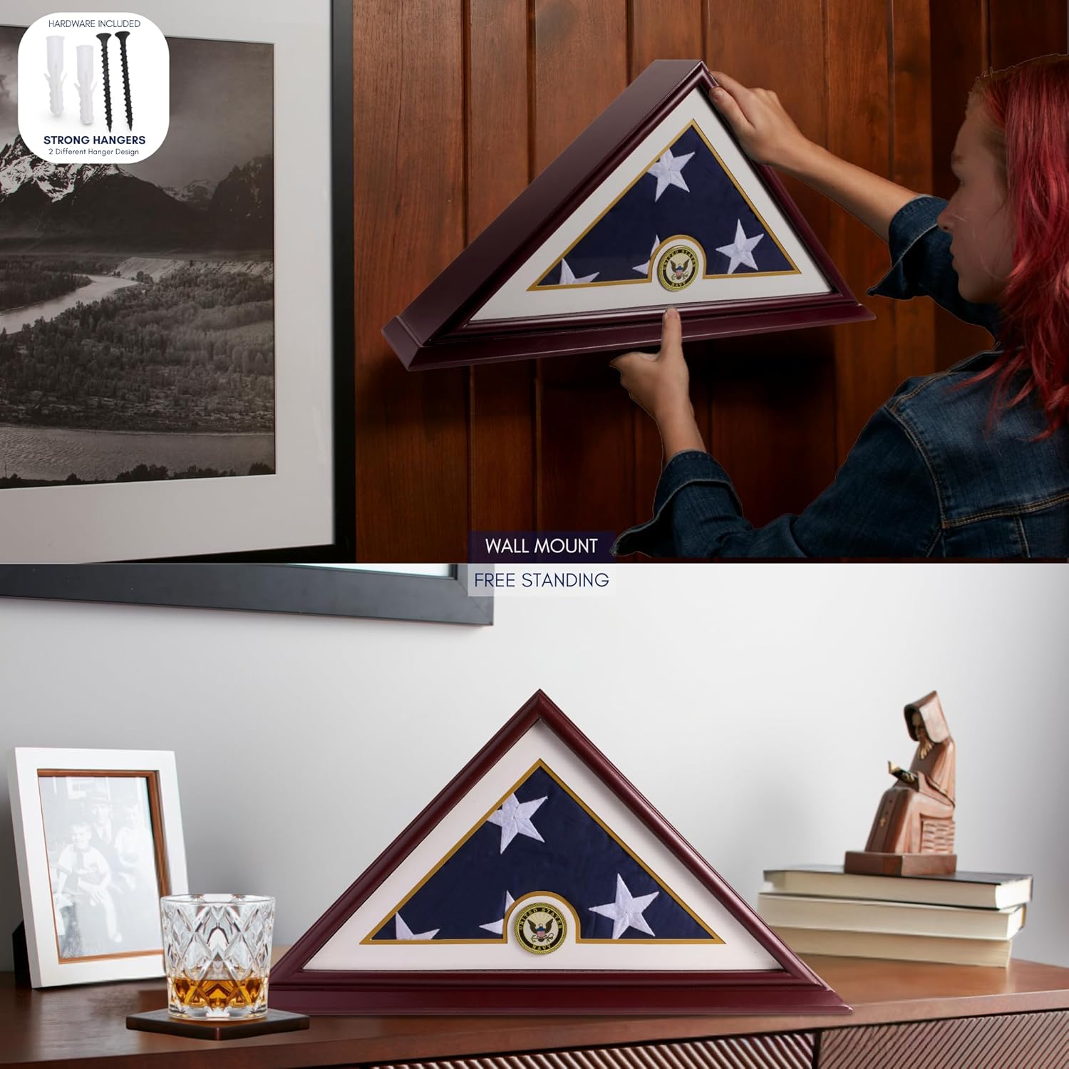 5'x9' Flag Display Case for American Veteran Burial Flag - Solid Wood, Cherry Finish -Armed Forces Options with A Custom Nameplate