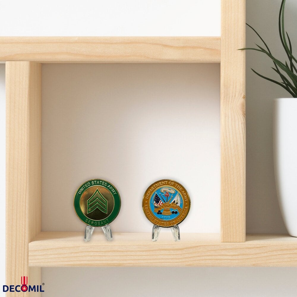 Sergeant Military Challenge Coins are stand on the room shelves
