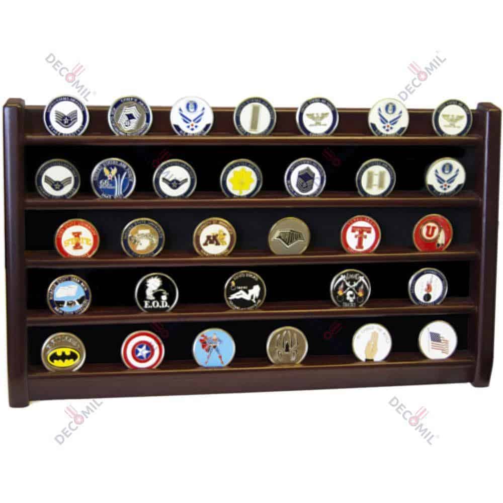 COIN HOLDER SHELF CHALLENGE 5 ROWS DISPLAY CASINO CHIPS HOLDER SOLID WOOD - CHERRY FINISH - DECOMIL