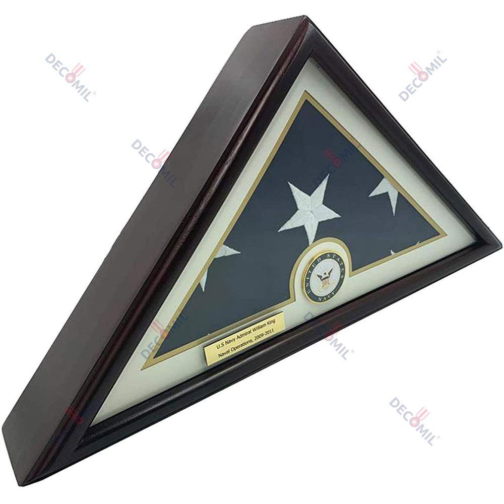 DECOMIL - 5x9 Burial/Funeral/Veteran Flag Elegant Display Case, Solid Wood, Cherry Finish  (Navy 5x9 with Base, Brown) - DECOMIL