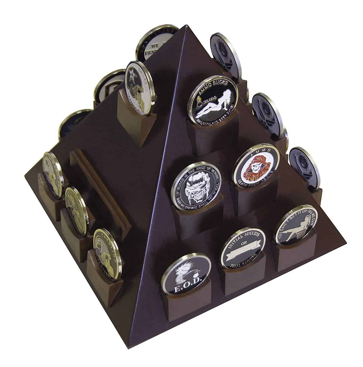 Pyramid Shaped Military Challenge Coin, Poker/Casino Chip Display - Cherry Finish - DECOMIL