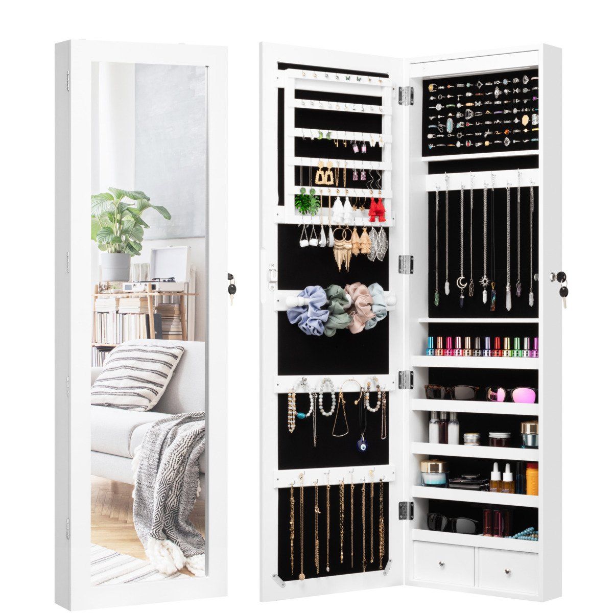 Lockable Mirrored Jewelry Cabinet Armoire Storage Organizer Box-Black