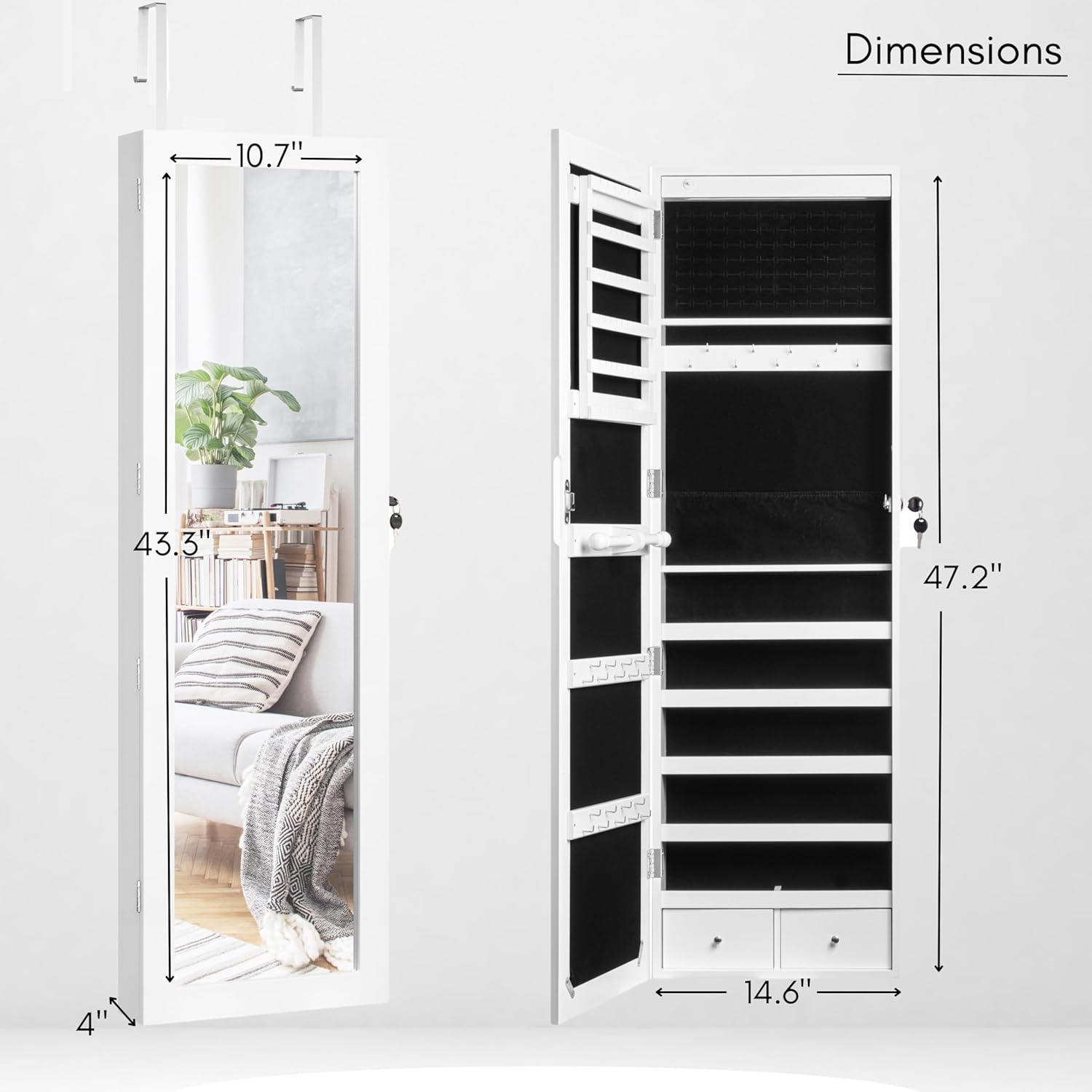 LED Light Jewelry Cabinet Armoire with Mirror - 57" Tall, Large Storage with Necklace & Ring Hooks | Modern Design, White
