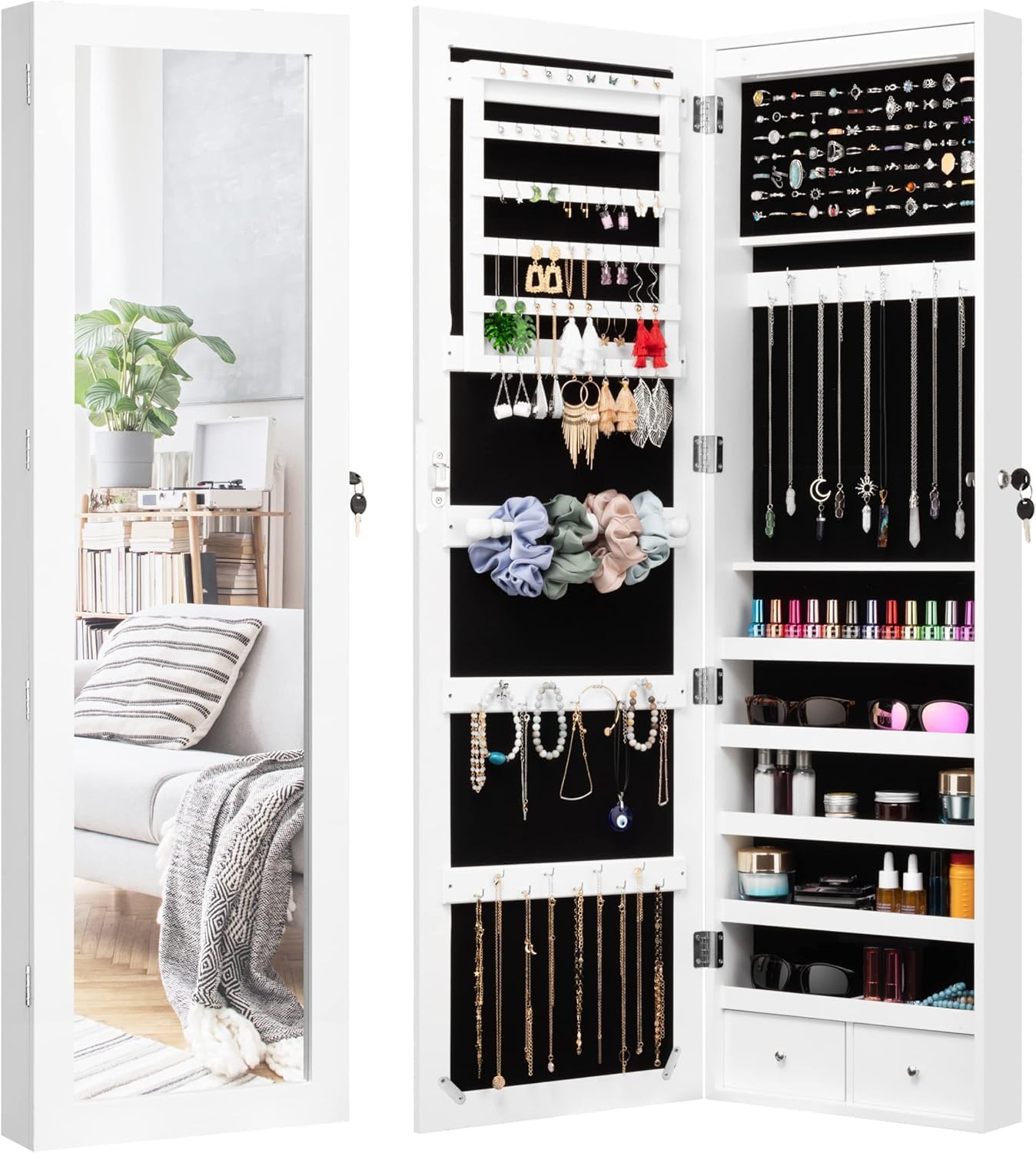 LED Light Jewelry Cabinet Armoire with Mirror - 57" Tall, Large Storage with Necklace & Ring Hooks | Modern Design, White