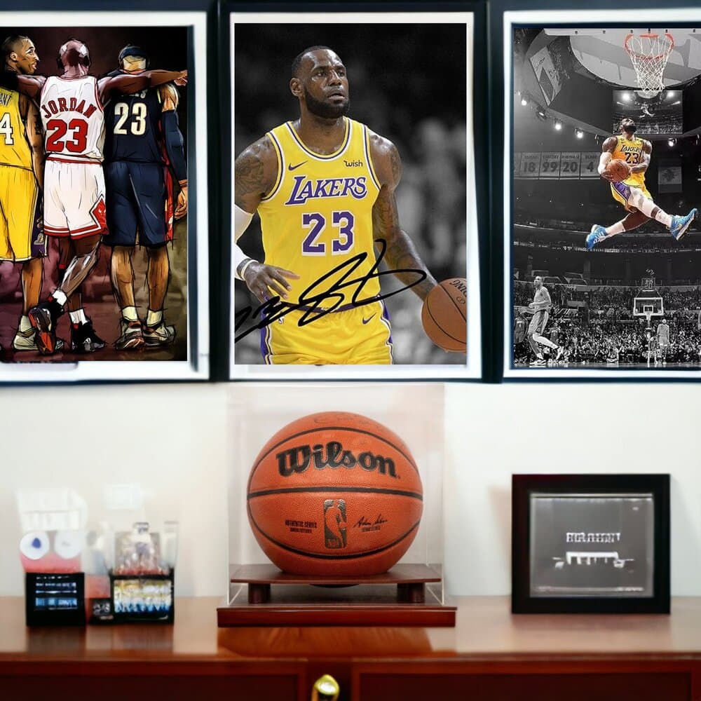 Basketball Display Case with player images are on the table.