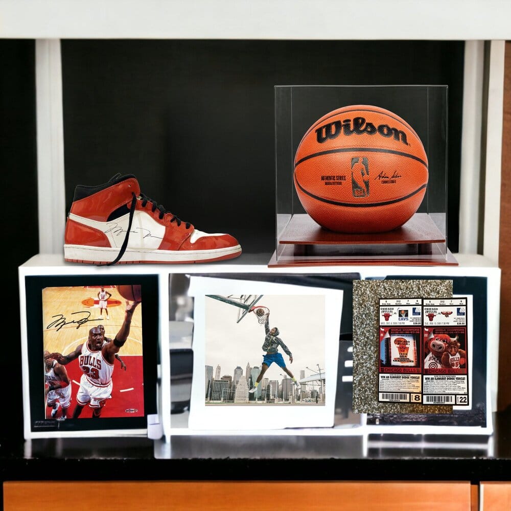 Basketball Display Case and basketball players images are on the shevles