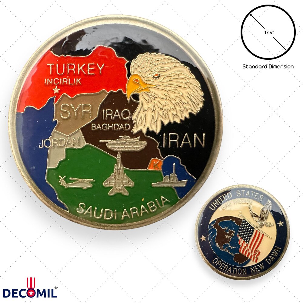 Military Challenge Coins, Operation New Dawn Coin with dimesions