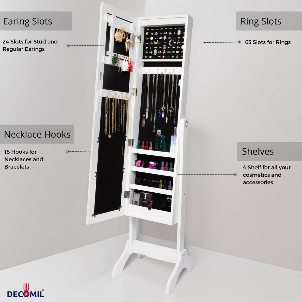 Standing Jewelry Armoire, LED Light Free Standing Jewelry Armoire, Jewelry Cabinet Armoire with Mirror