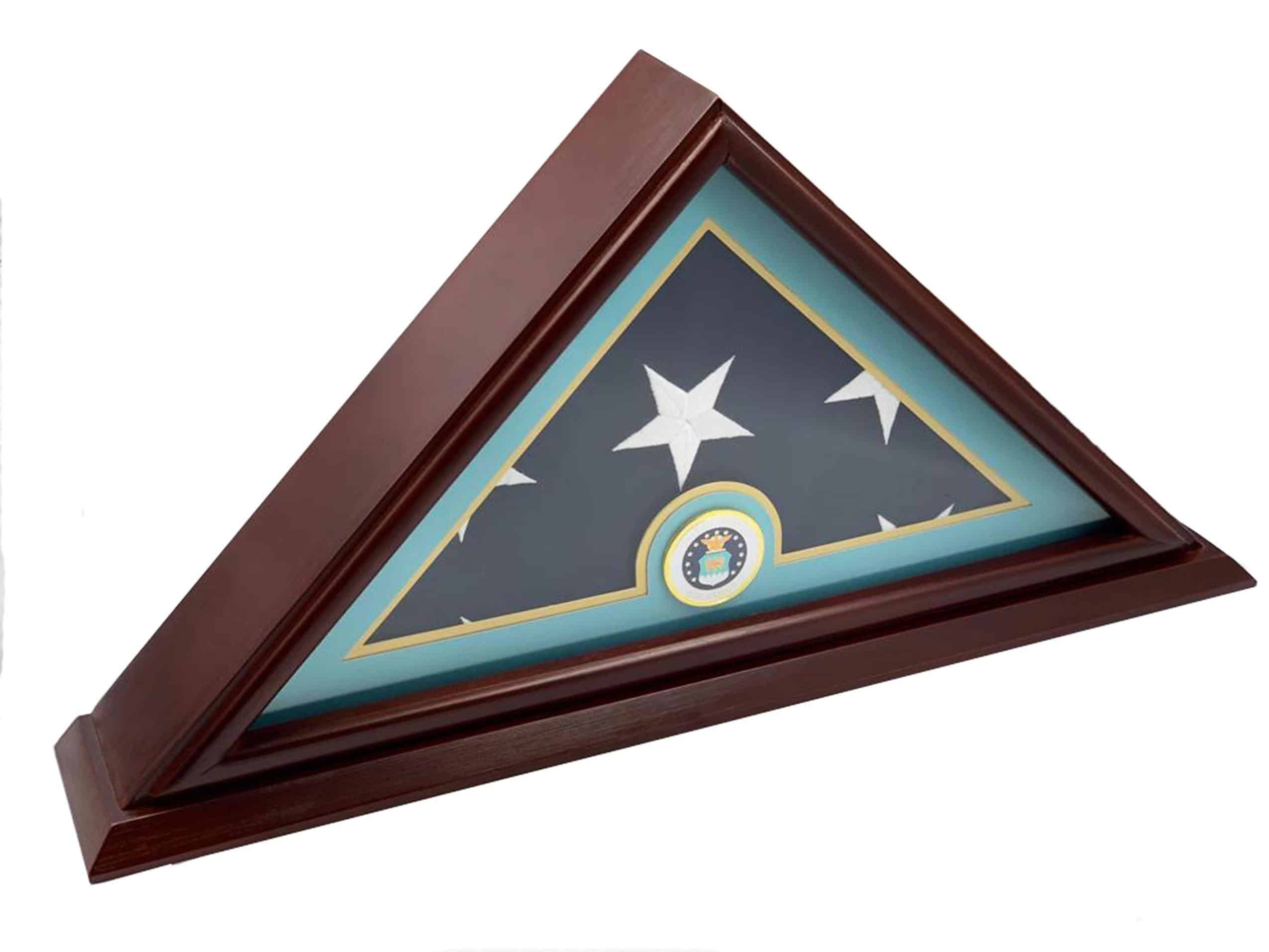 DECOMIL - AIR FORCE Flag Display Case Box, 5x9 Burial - Funeral - Veteran Flag Elegant Display Case with small Base, Solid Wood, Cherry Finish - DECOMIL