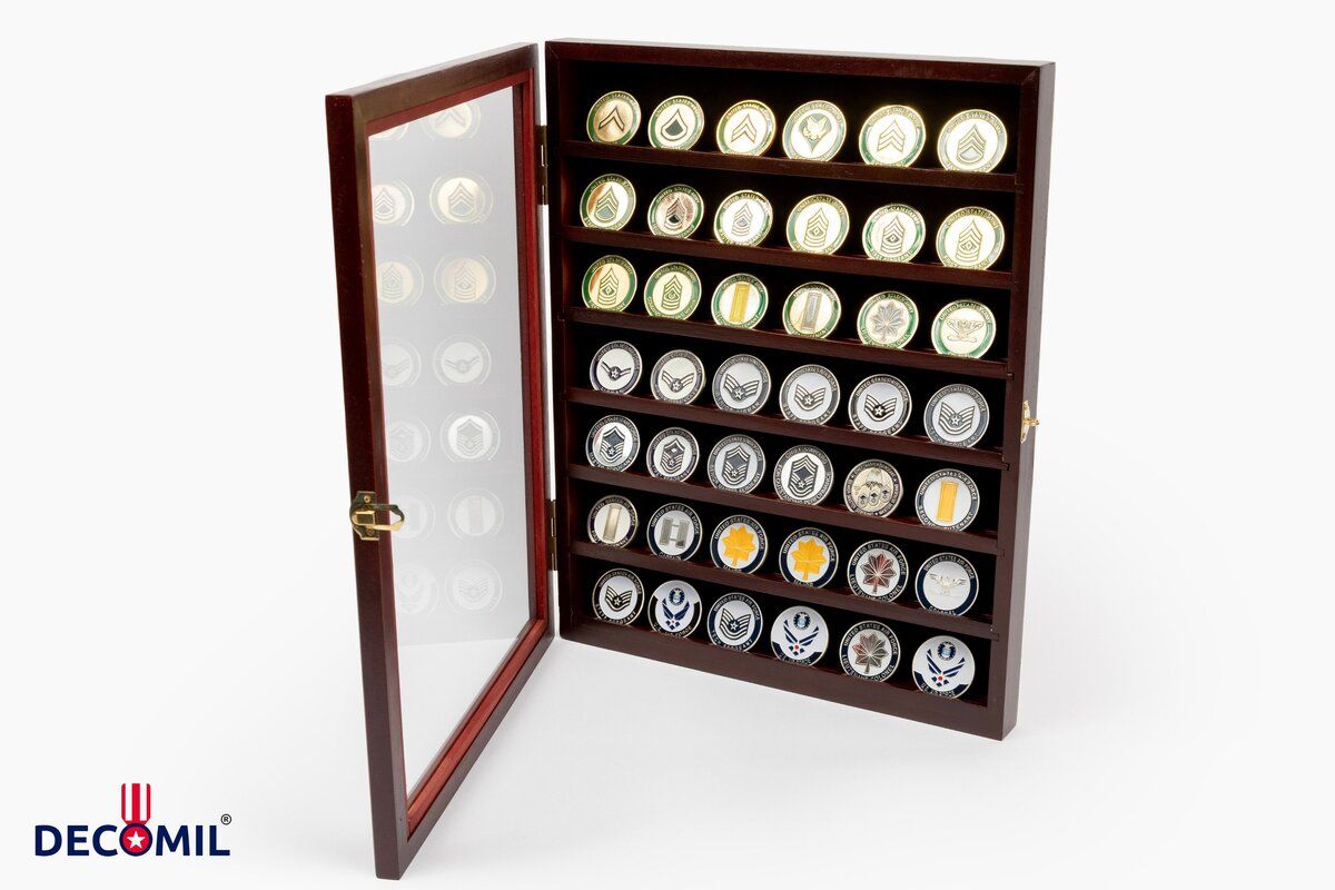 military challenge coinand poker chips display case with lockable door image 2