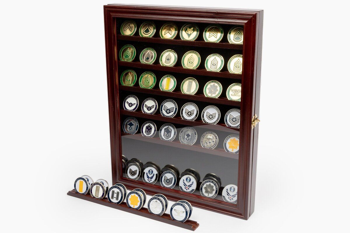 military challenge coinand poker chips display case with lockable door image 1
