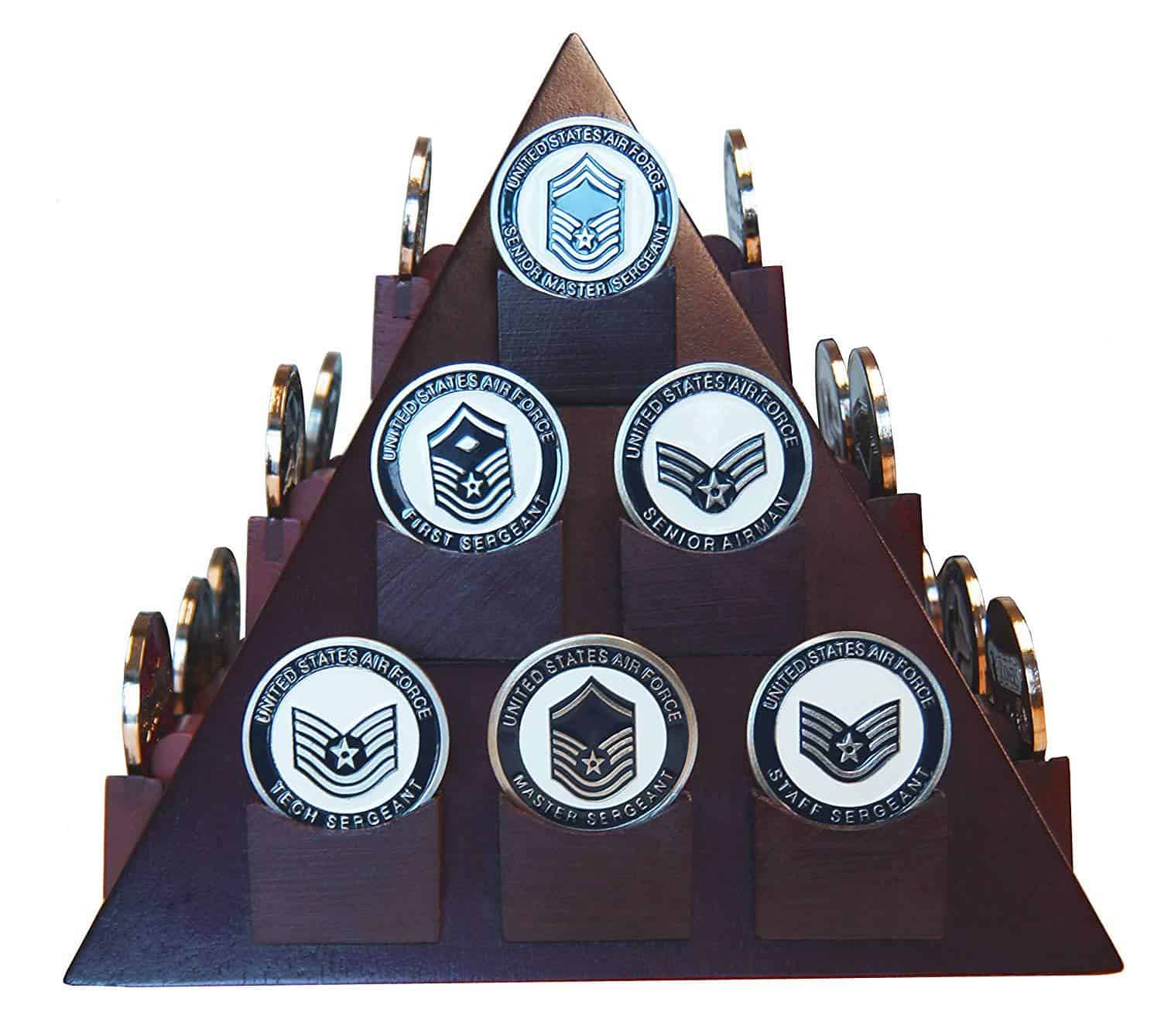 Pyramid Shaped Military Challenge Coin & Poker/Casino Chip Display Solid Wood - Cherry Finish 
