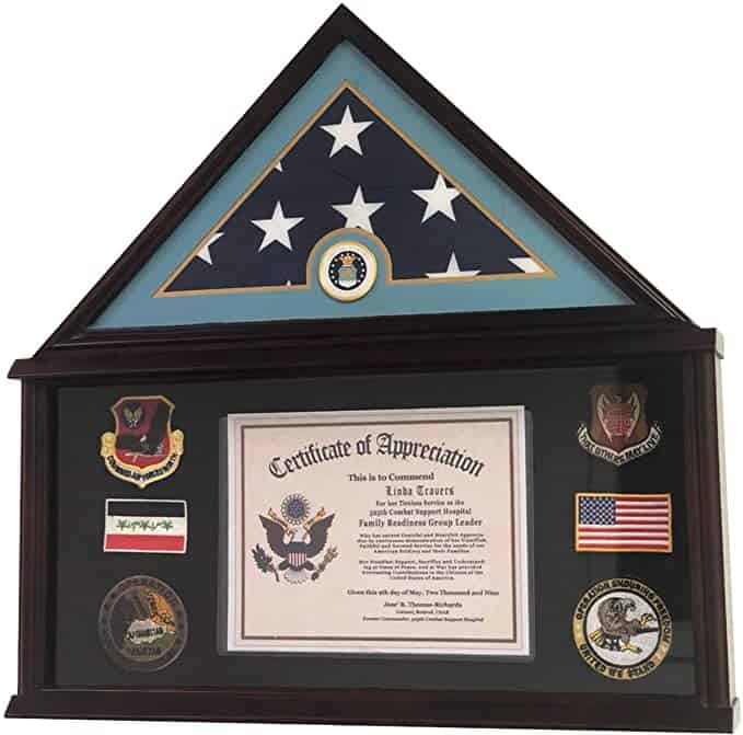 Flag Display Case with Certificate Holder with Armed Forces Logos 5X9